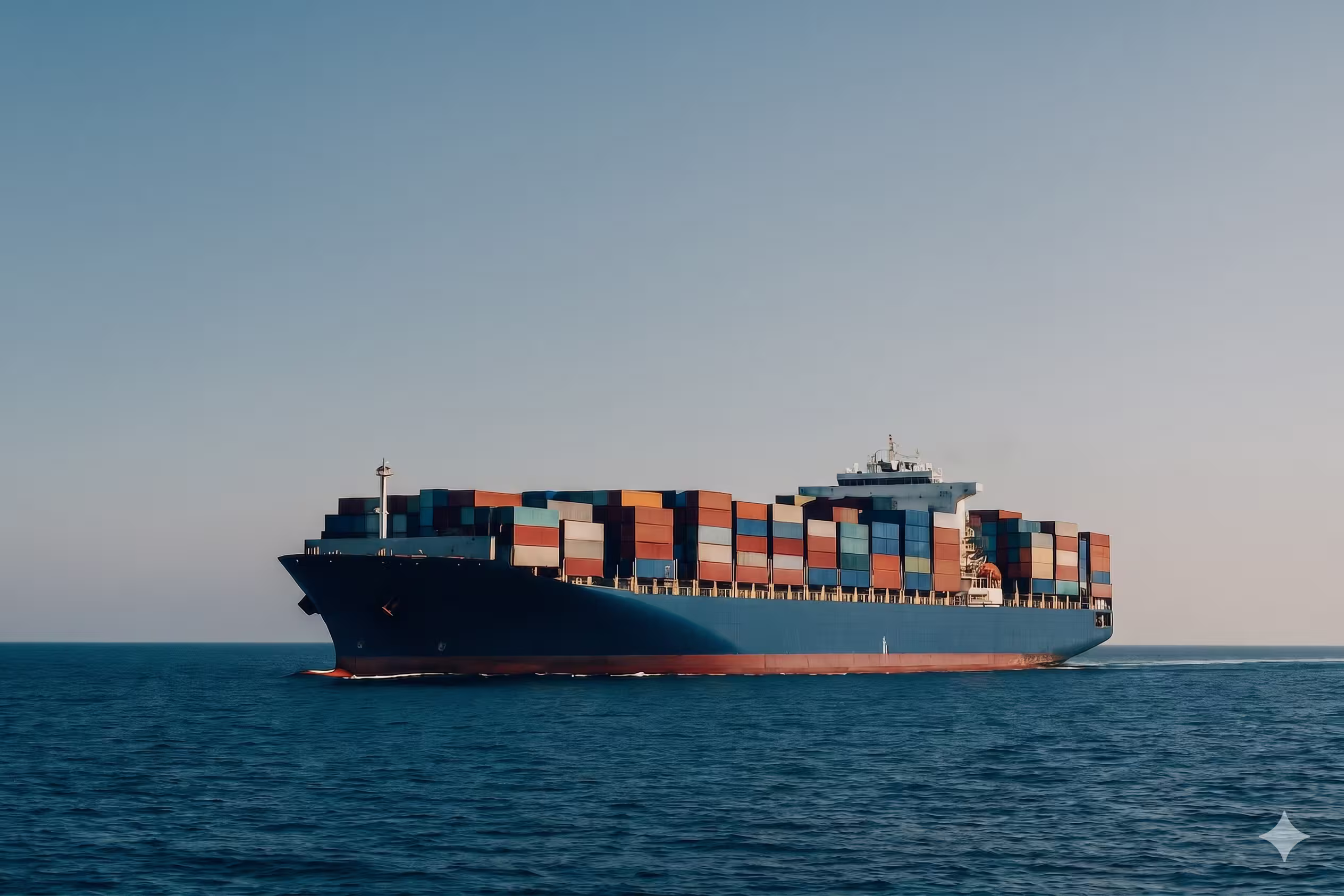 A wide-angle shot of a massive blue cargo ship stacked high with neat rows of multi-colored shipping containers, cruising across a deep blue, open ocean under a clear, bright sky.